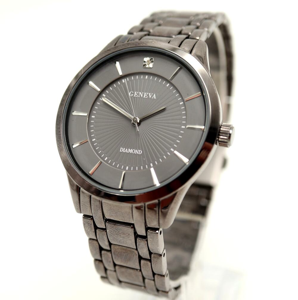 Geneva Diamond Black Tone 41mm Men's Dress Watch Steel Bracelet w New Battery